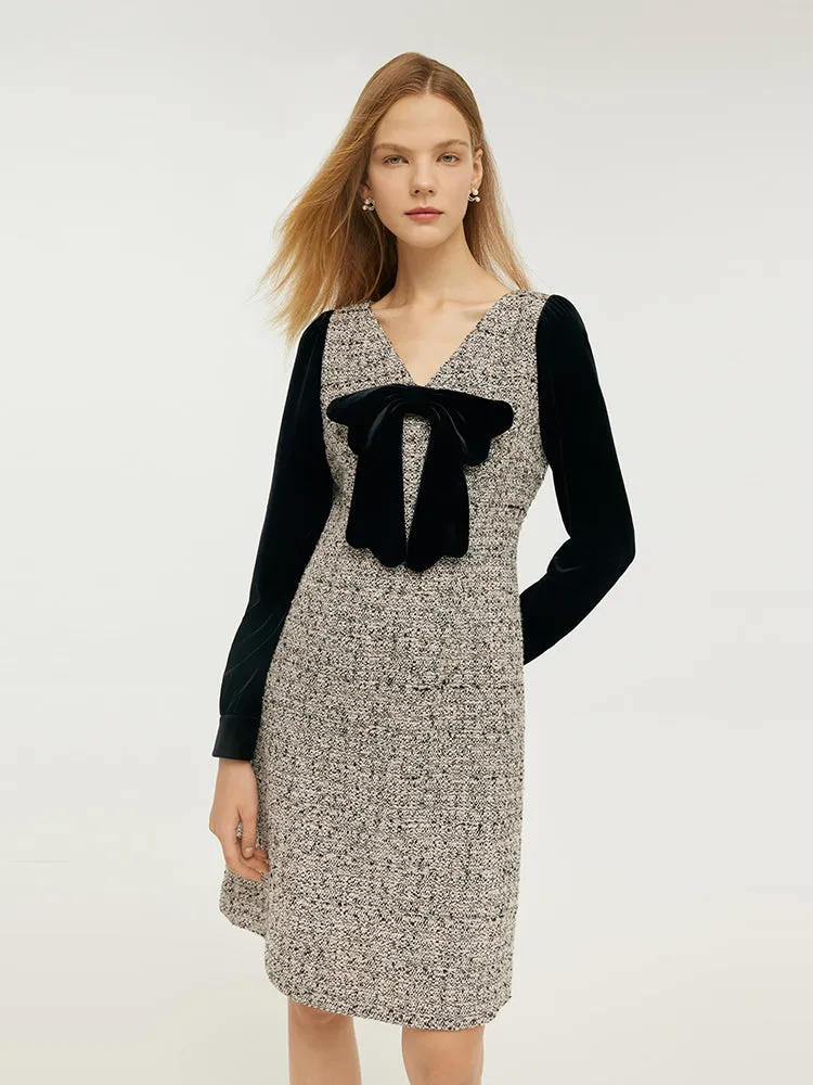 Wool Blend Patchwork Velvet Women Mini Dress With Detachable Bowknot sold by Goelia