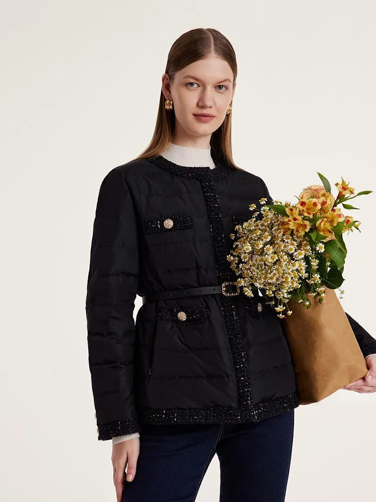 Tweed Zippered Goose Down Garment With Leather Belt sold by Goelia