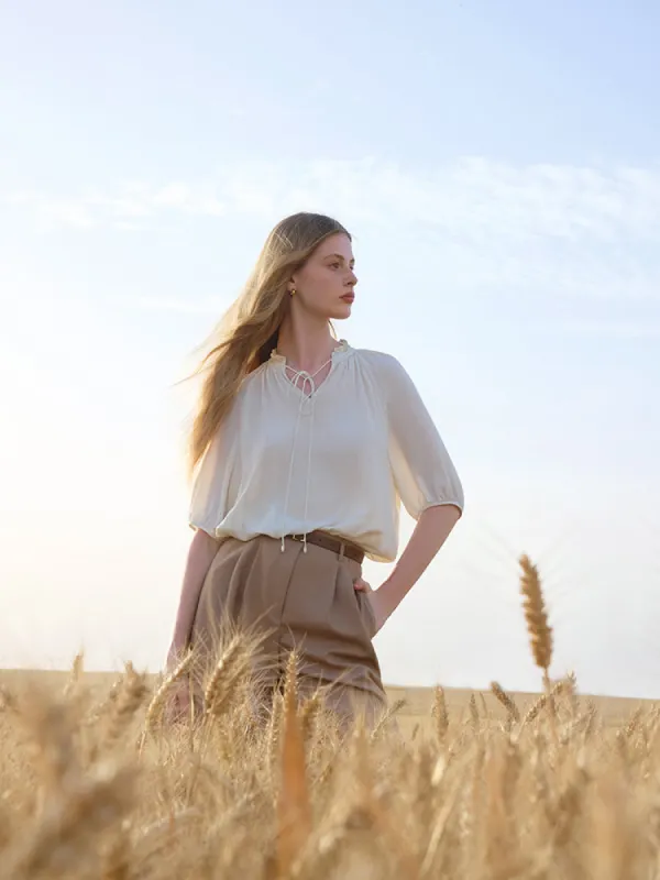 Ruffle Tie Front Neck Women Blouse sold by Goelia