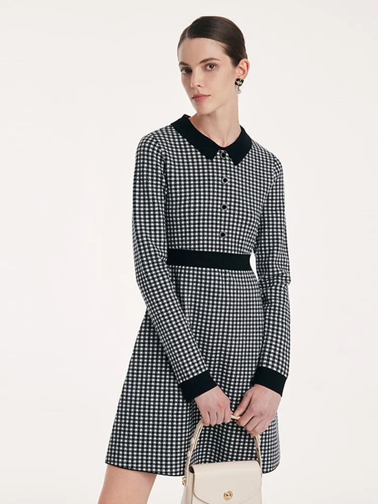 Tencel Wool Lapel Gathered Waist Plaid Dress sold by Goelia