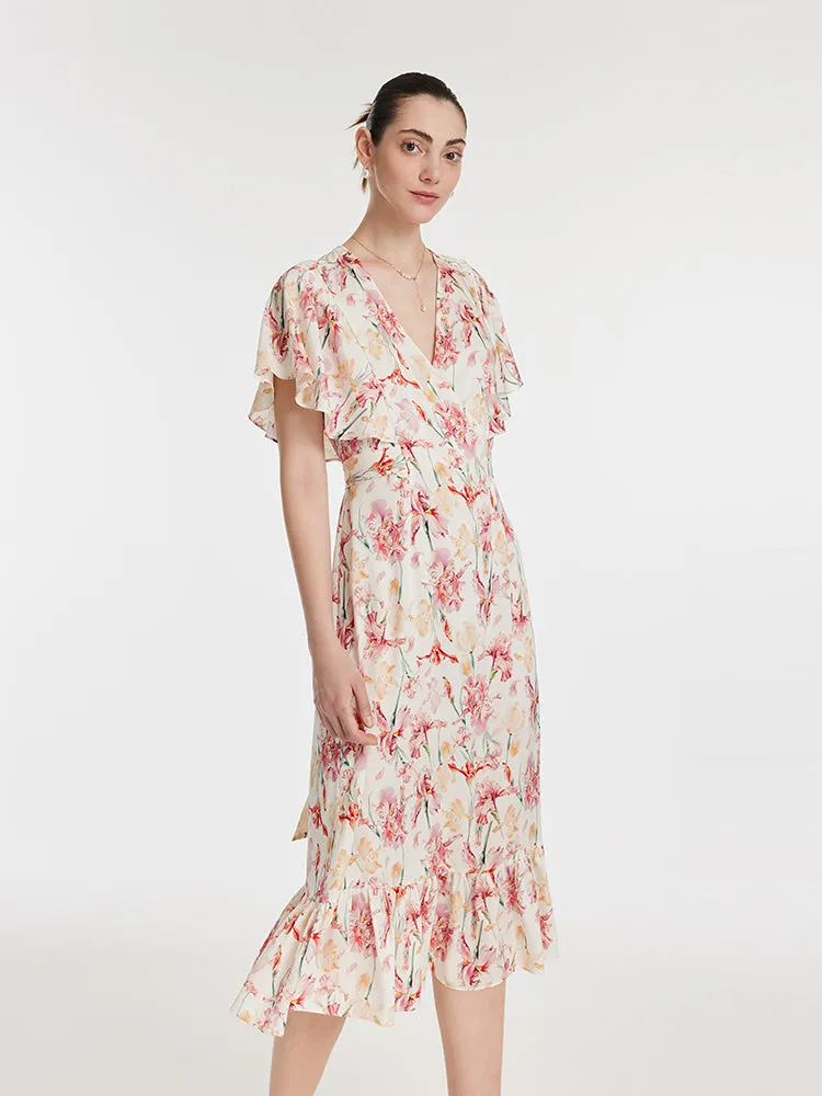 19 Momme Mulberry Silk Iris Print V-Neck Ruffle Tied Women Midi Dress sold by Goelia