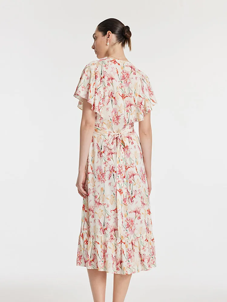 19 Momme Mulberry Silk Iris Print V-Neck Ruffle Tied Women Midi Dress sold by Goelia product image thumbnail 5