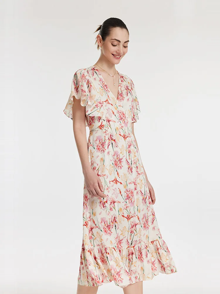 19 Momme Mulberry Silk Iris Print V-Neck Ruffle Tied Women Midi Dress sold by Goelia product image thumbnail 4