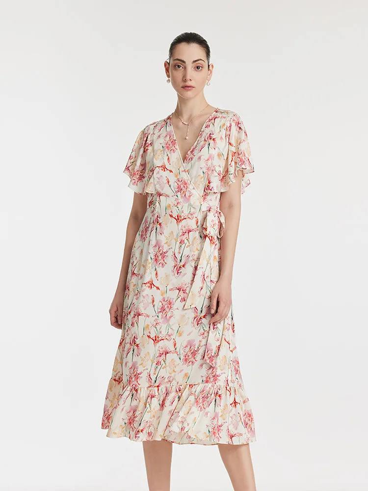19 Momme Mulberry Silk Iris Print V-Neck Ruffle Tied Women Midi Dress sold by Goelia product image thumbnail 3