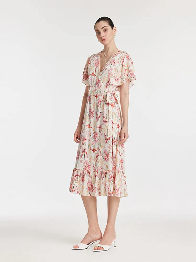 19 Momme Mulberry Silk Iris Print V-Neck Ruffle Tied Women Midi Dress sold by Goelia product image thumbnail 2