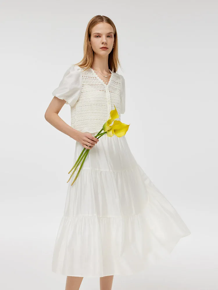 Patchwork Knitted Cardigan And Spaghetti Strap Dress Two-Piece Set sold by Goelia