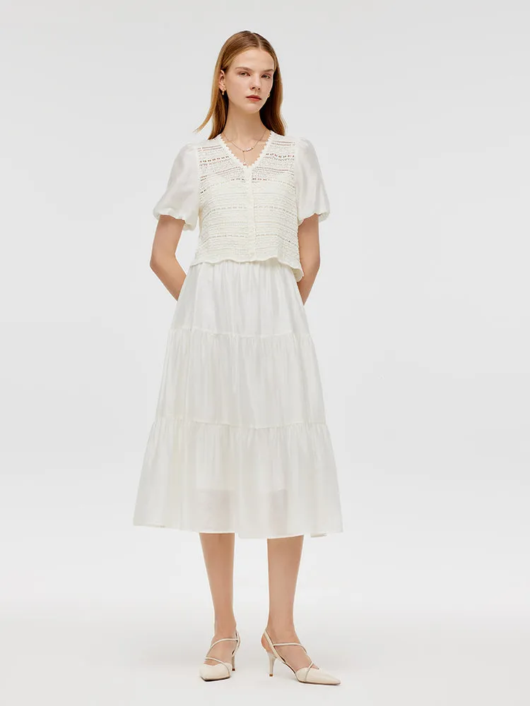 Patchwork Knitted Cardigan And Spaghetti Strap Dress Two-Piece Set sold by Goelia product image thumbnail 4