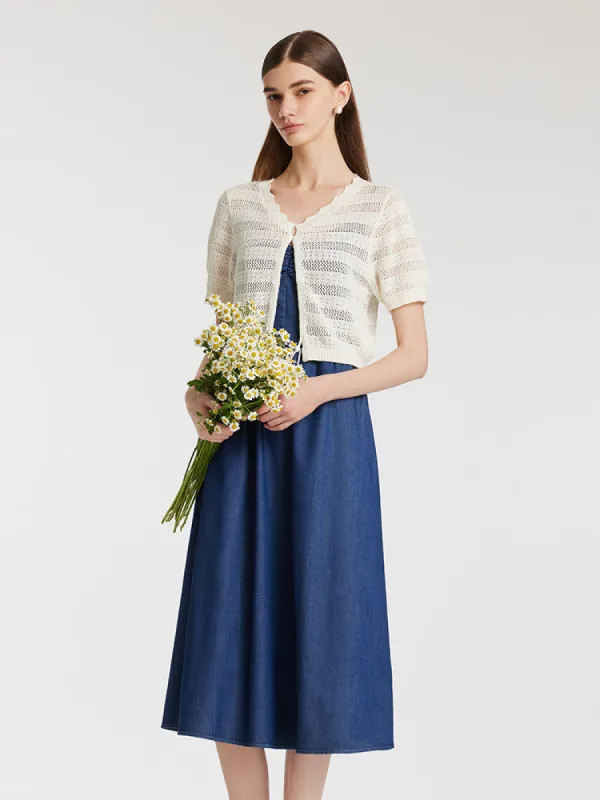 Openwork Drawstring Cardigan And Denim Spaghetti Strap Dress Two-Piece Set sold by Goelia