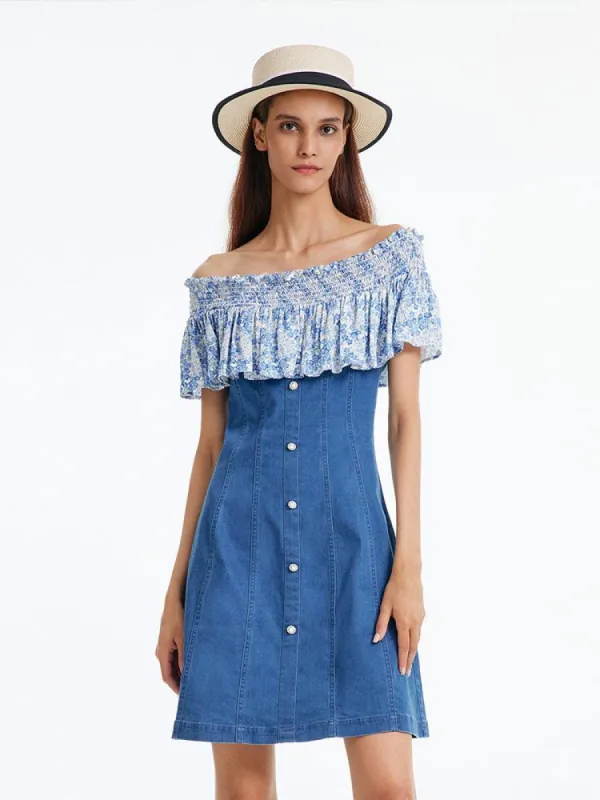 Denim Dress With Patchwork Floral sold by Goelia