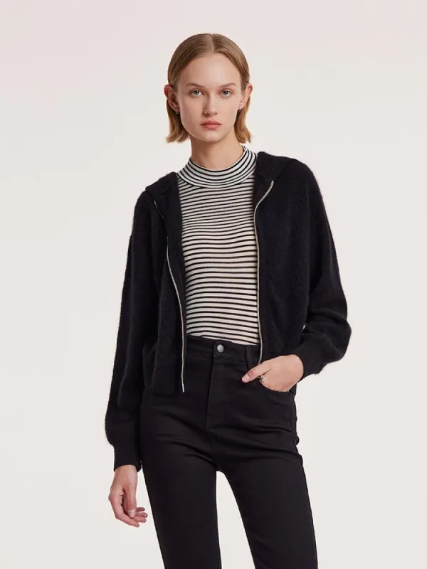 Pure Brushed Cashmere Hooded Zippered Short Women Cardigan sold by Goelia
