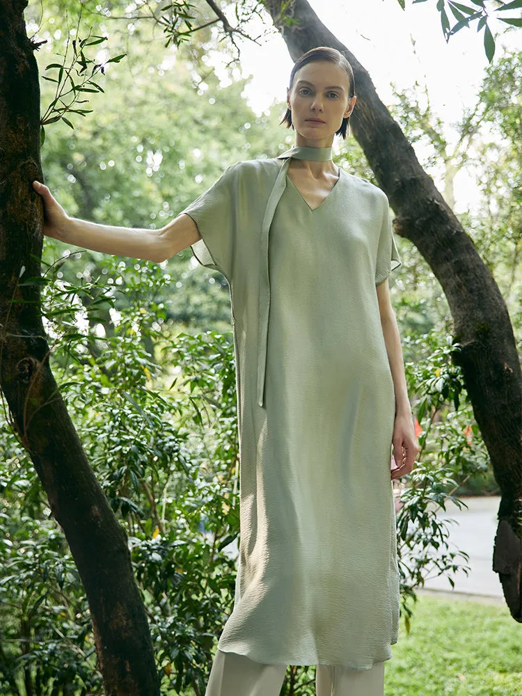 19 Momme Mulberry Silk V-Neck Women Midi Dress With Belt sold by Goelia