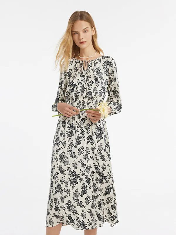 Camellia Print Gathered Waist Women Midi Dress sold by Goelia