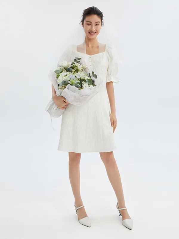 Ruffle Sleeve Square Neck Jacquard Midi Dress sold by Goelia