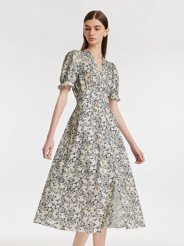 Floral Print V-Neck Puff Sleeves Women Midi Dress sold by Goelia product image thumbnail 4