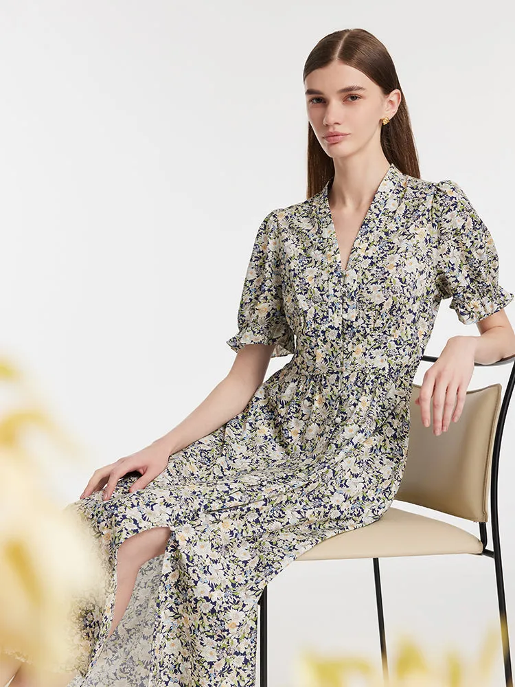 Floral Print V-Neck Puff Sleeves Women Midi Dress sold by Goelia product image thumbnail 5