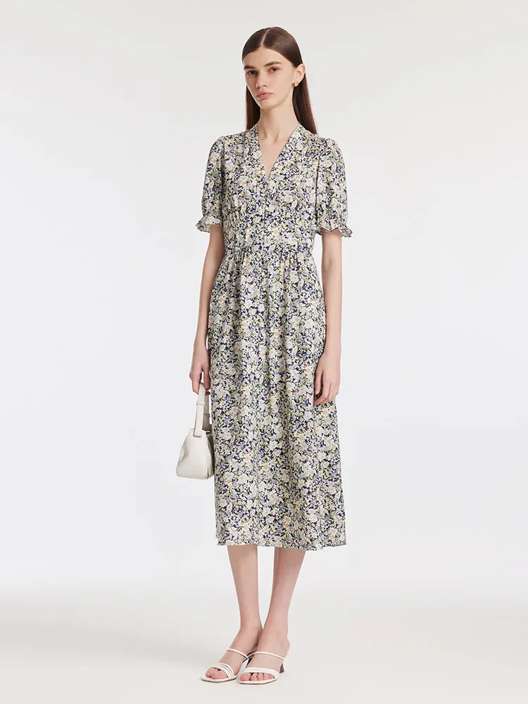 Floral Print V-Neck Puff Sleeves Women Midi Dress sold by Goelia product image thumbnail 2