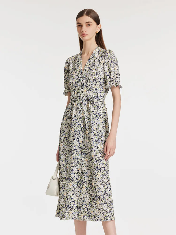 Floral Print V-Neck Puff Sleeves Women Midi Dress sold by Goelia