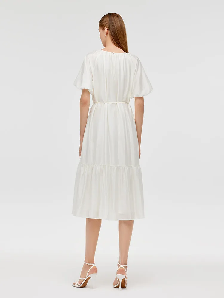 Puff Sleeves Ruffle Hem Women Midi Dress With String Belt sold by Goelia product image thumbnail 3