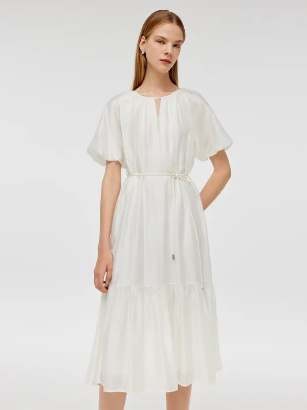 Puff Sleeves Ruffle Hem Women Midi Dress With String Belt sold by Goelia