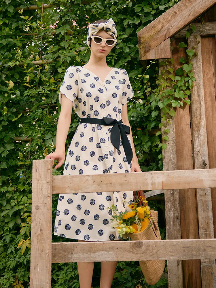 Black Rose Print V-Neck Petal Sleeves Women Midi Dress With Belt sold by Goelia product image thumbnail 4