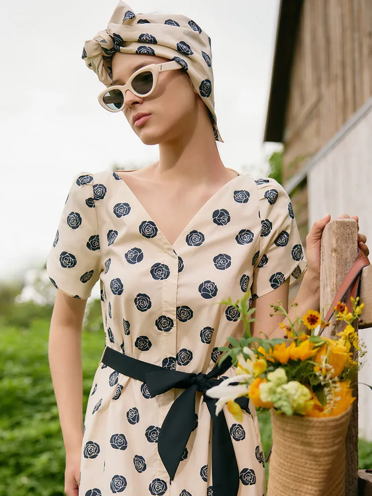 Black Rose Print V-Neck Petal Sleeves Women Midi Dress With Belt sold by Goelia product image thumbnail 5