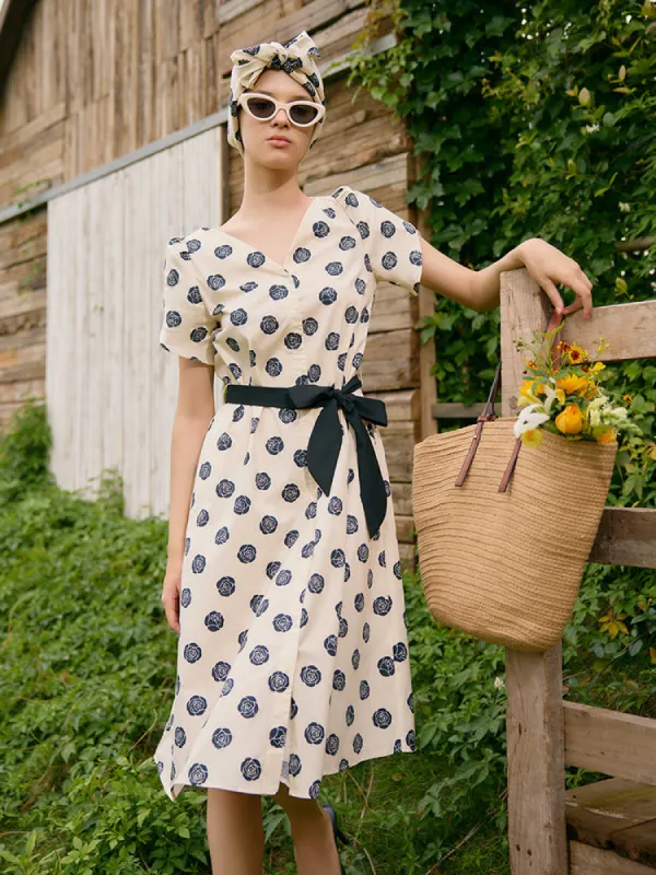 Black Rose Print V-Neck Petal Sleeves Women Midi Dress With Belt sold by Goelia