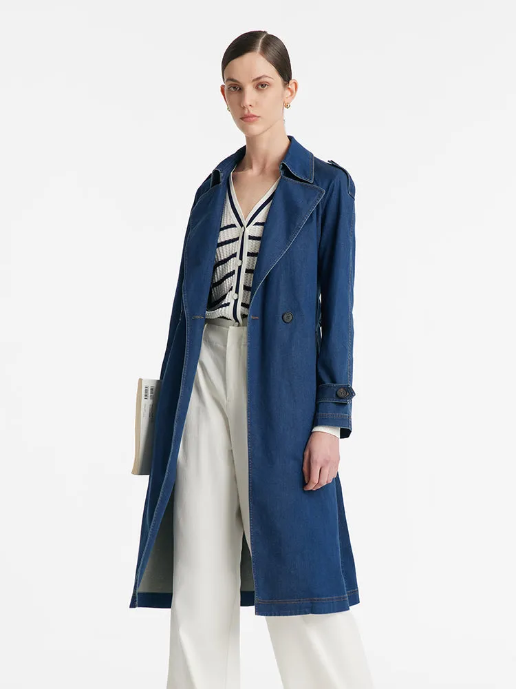Denim Lapel Women Trench Coat With Belt sold by Goelia