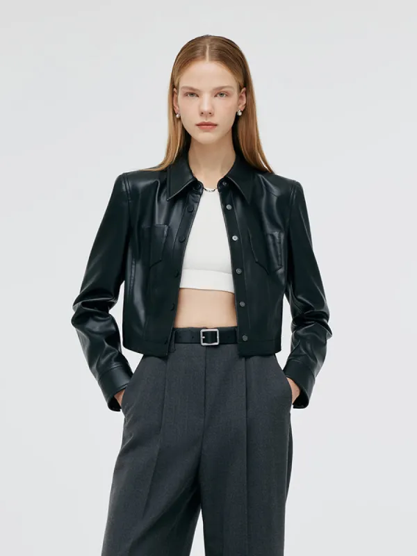 PU Leather Lapel Double-Breasted Women Jacket sold by Goelia