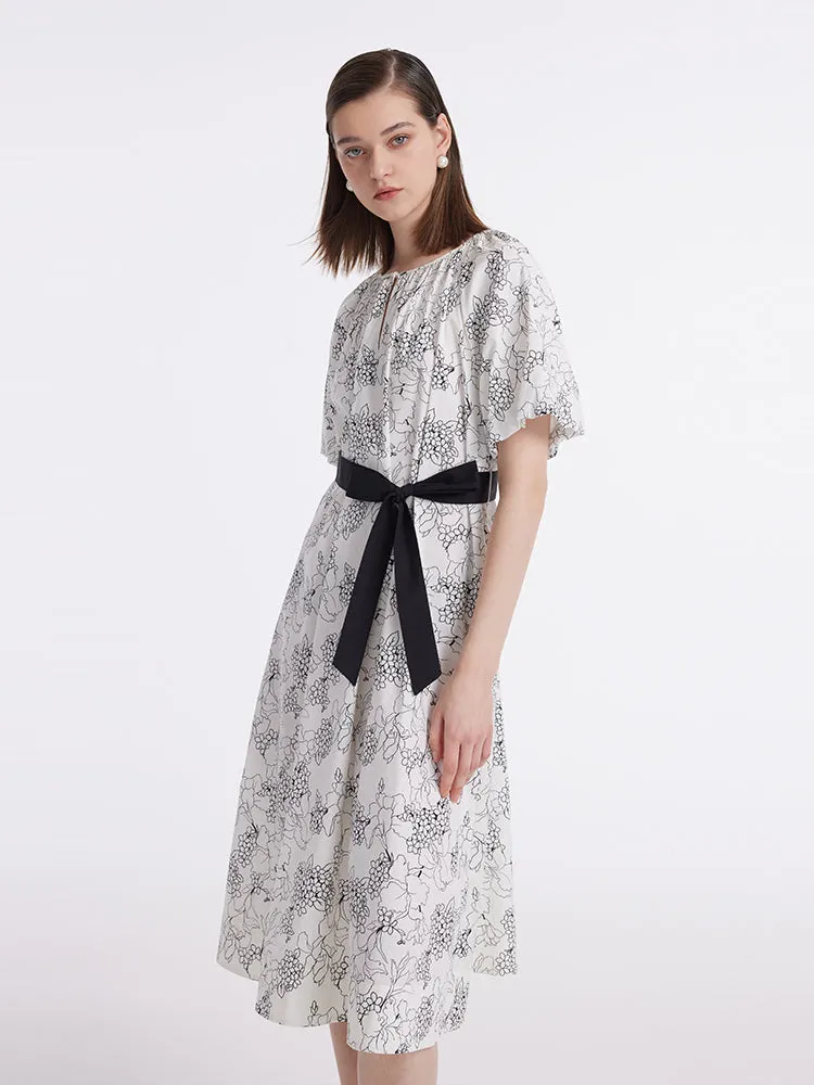 Puff Sleeves Iris Print Women Midi Dress With Belts sold by Goelia