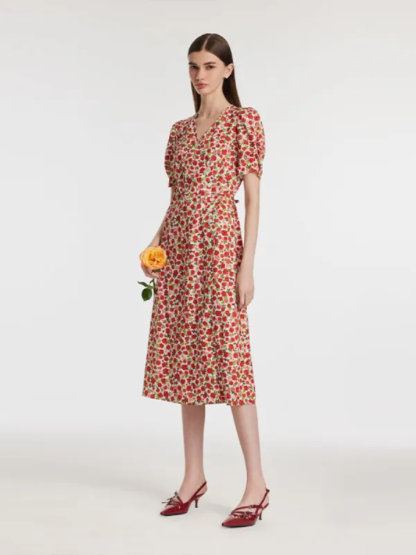 Rose Print V-Neck Tied Women Midi Dress sold by Goelia