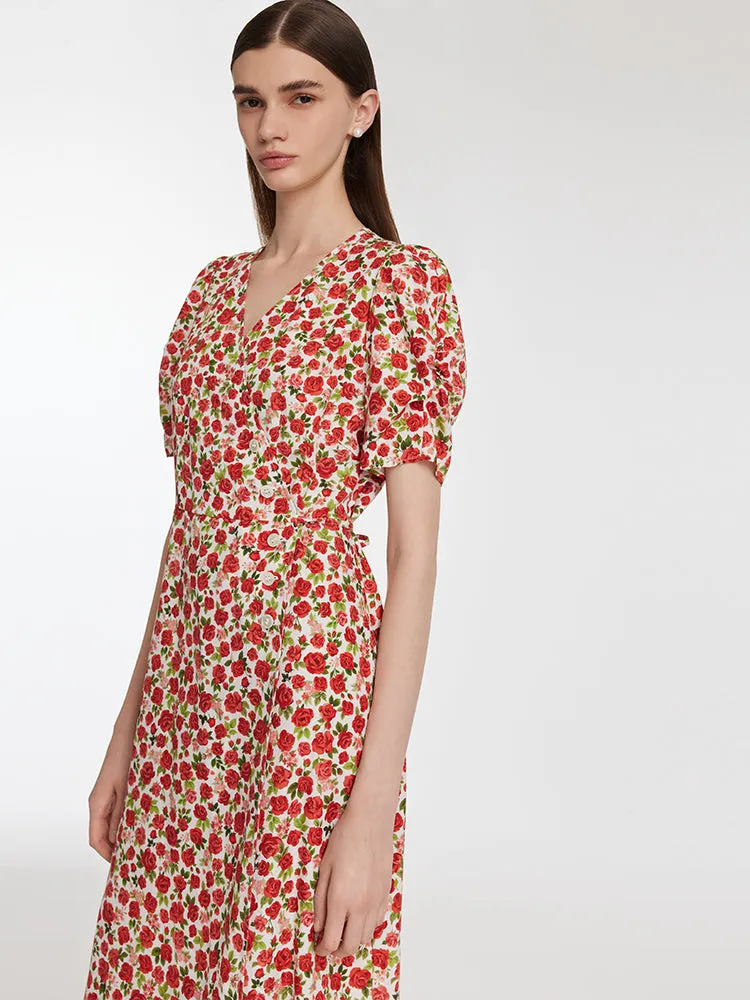 Rose Print V-Neck Tied Women Midi Dress sold by Goelia product image thumbnail 5