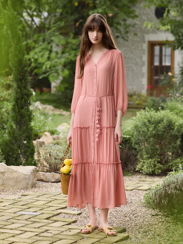 12 Momme Mulberry Silk Tiered Women Maxi Dress With Belt And Bottomed Spaghetti Strap Dress sold by Goelia