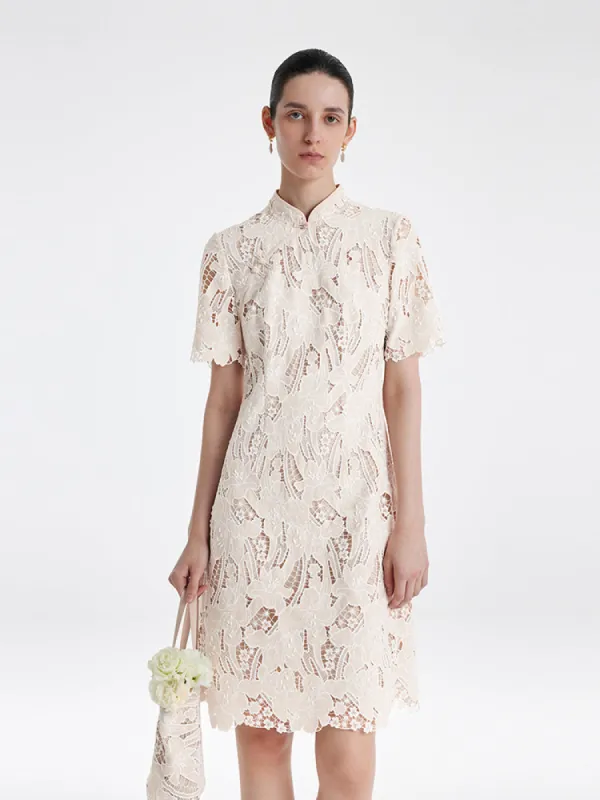 Lace Floral-Shaped Openwork Cheongsam Women Qipao Mini Dress With Handbag sold by Goelia