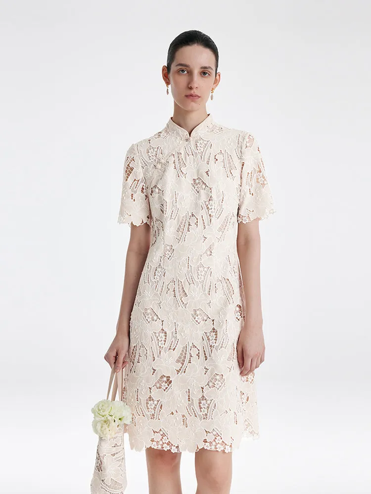 Lace Floral-Shaped Openwork Cheongsam Women Qipao Mini Dress With Handbag sold by Goelia