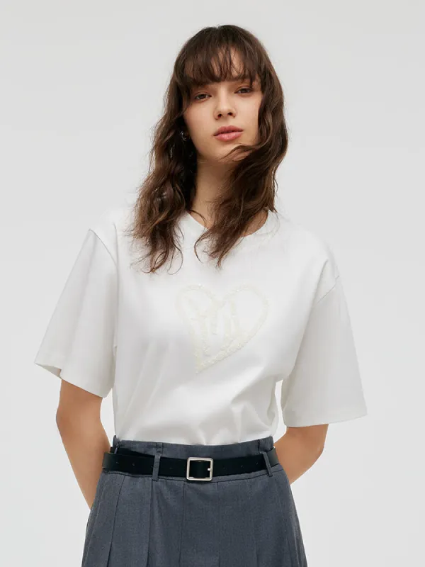 100% Cotton Sequins Heart-Shape Embroidered Women T-shirt sold by Goelia