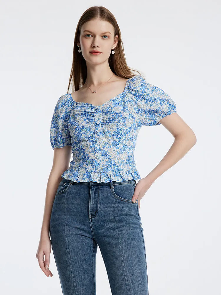 Blue Floral Print Women Blouse sold by Goelia