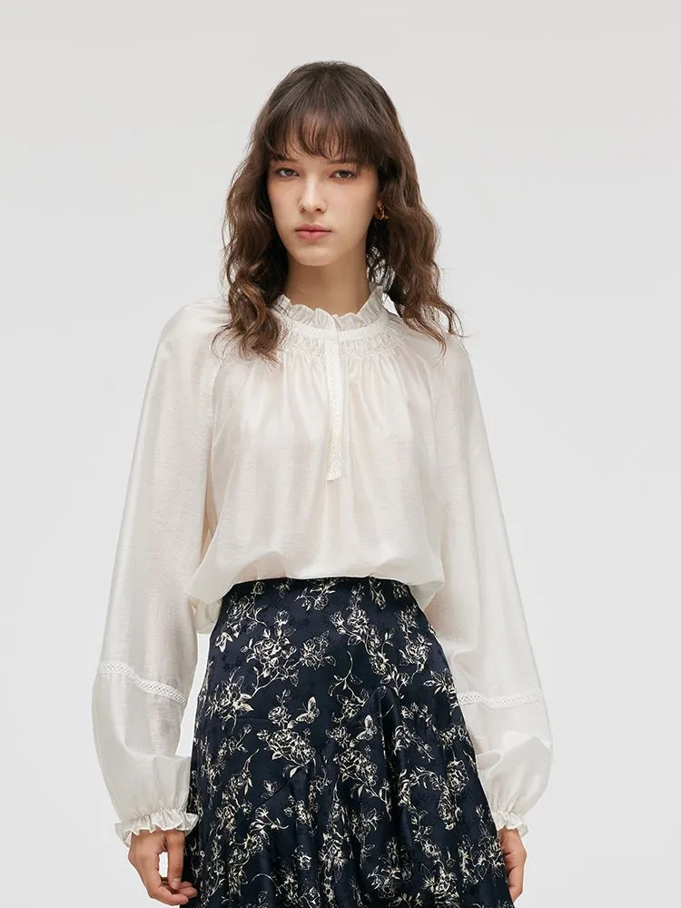 Tencel Loose Ruffle Neck Women Blouse sold by Goelia