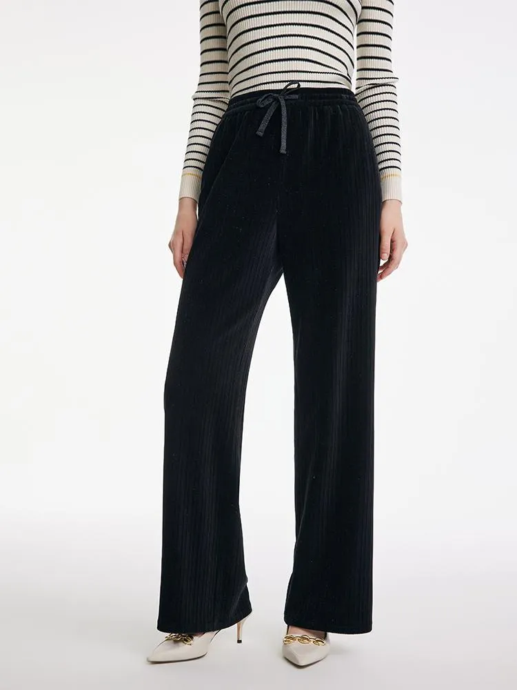 Waist Drawstring Knitted Velvet Straight Pants sold by Goelia