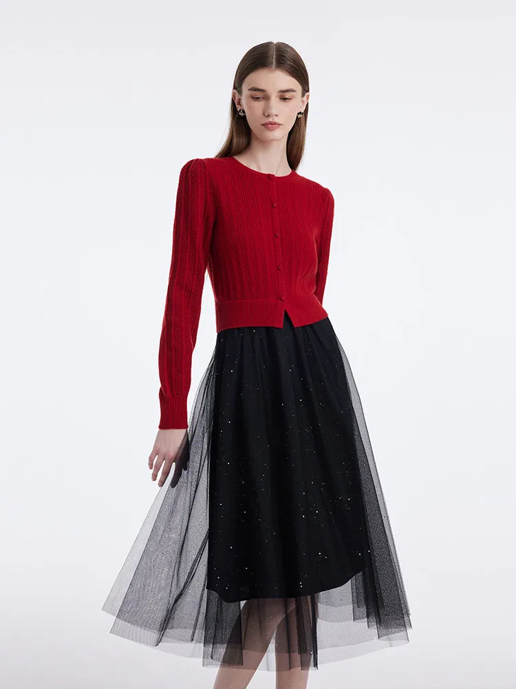 Pure Wool Patchwork Sequins Tulle Women Midi Dress sold by Goelia product image thumbnail 4