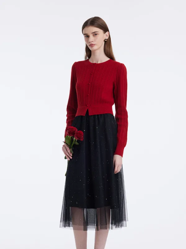 Pure Wool Patchwork Sequins Tulle Women Midi Dress sold by Goelia