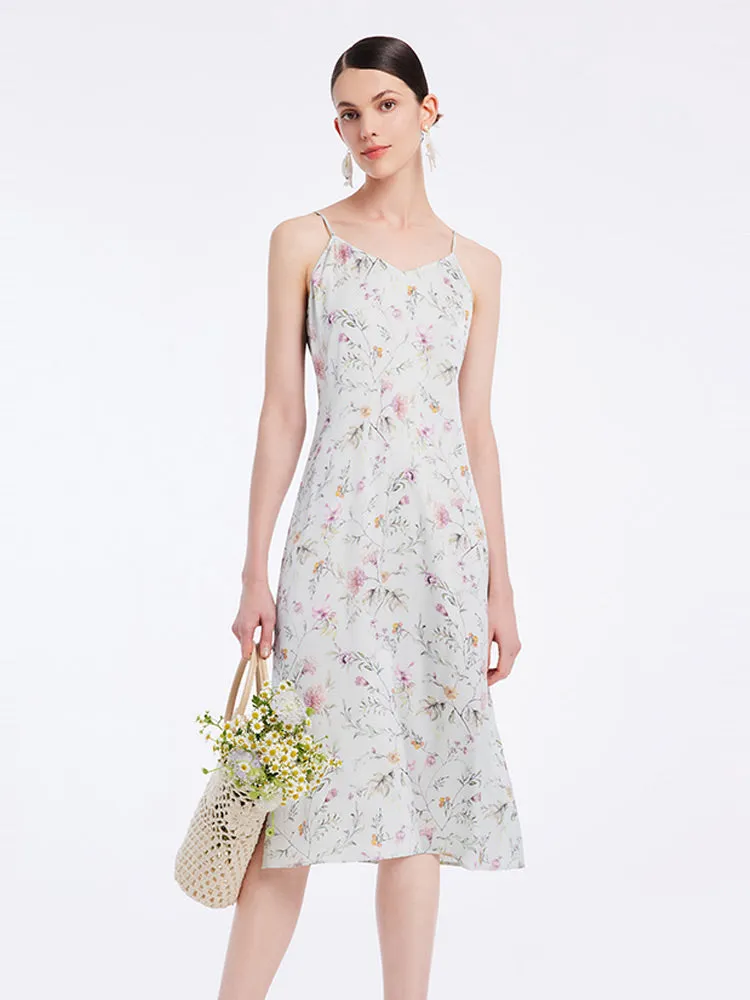 19 Momme Stretch Silk Floral Spaghetti Strap Midi Dress sold by Goelia