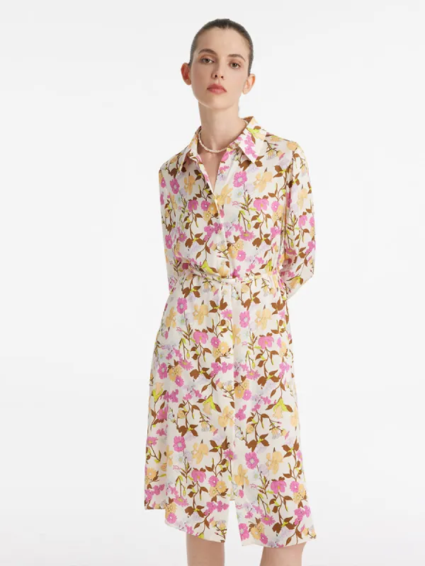 19 Momme Mulberry Silk Floral Print Women Midi Dress With Belt sold by Goelia