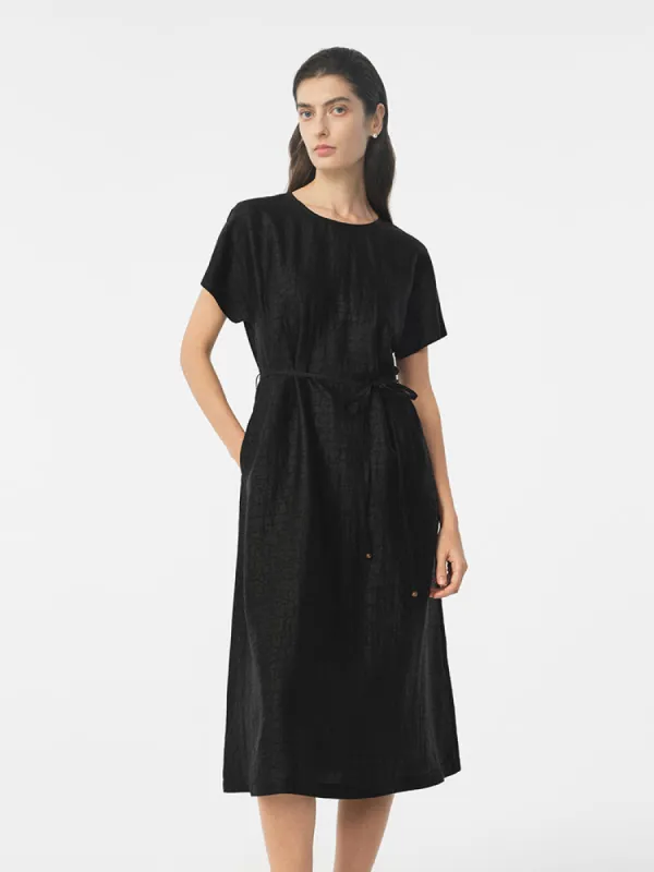 18 Momme Xiang Yun Silk Gathered Waist Women Midi Dress With Pockets sold by Goelia