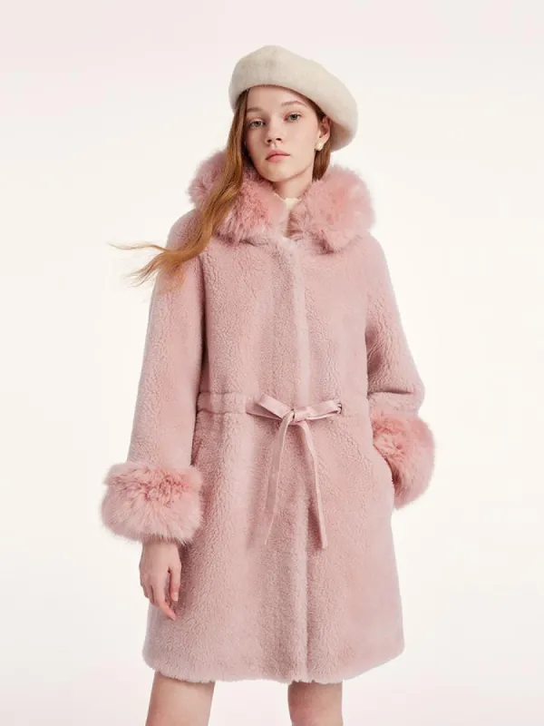 Pink Mid-Length Ruched Velour Coat With Adjustable Ties sold by Goelia
