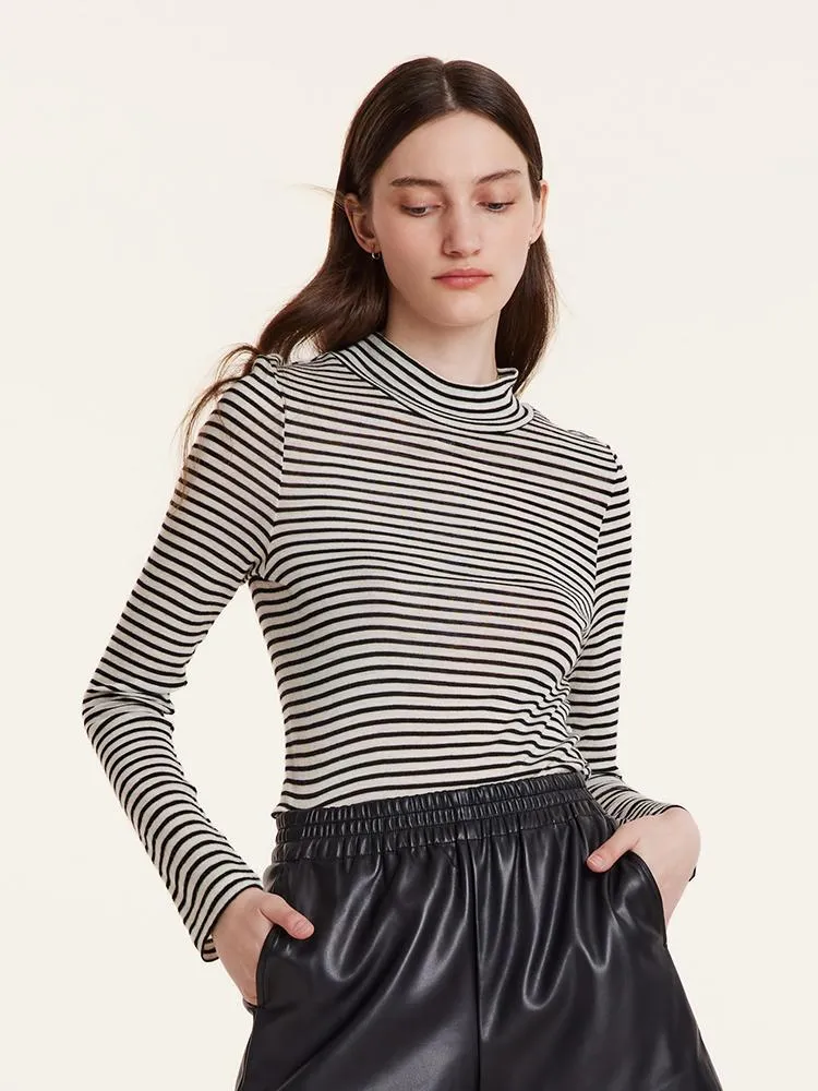 Washable Wool Striped Mock Neck Slim Women Sweater sold by Goelia product image thumbnail 4
