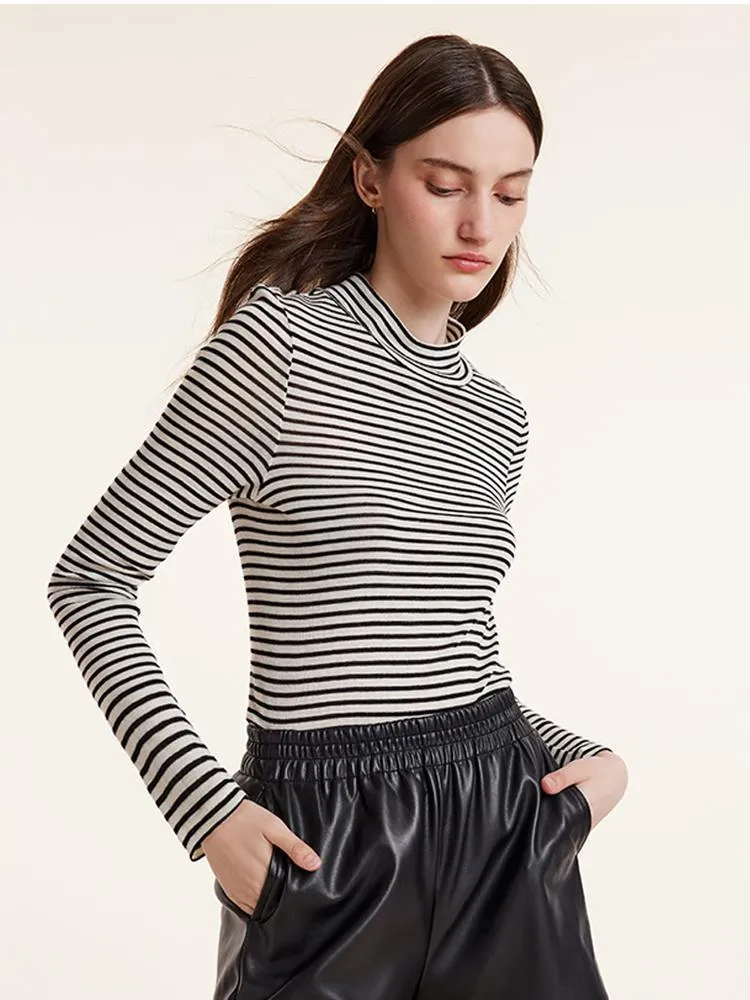 Washable Wool Striped Mock Neck Slim Women Sweater sold by Goelia product image thumbnail 5