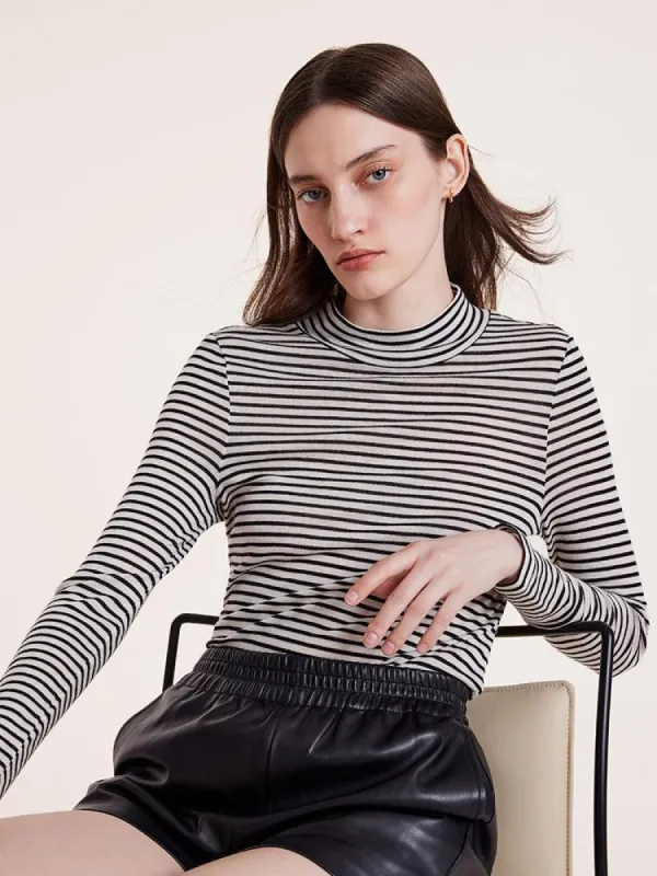 Washable Wool Striped Mock Neck Slim Women Sweater sold by Goelia