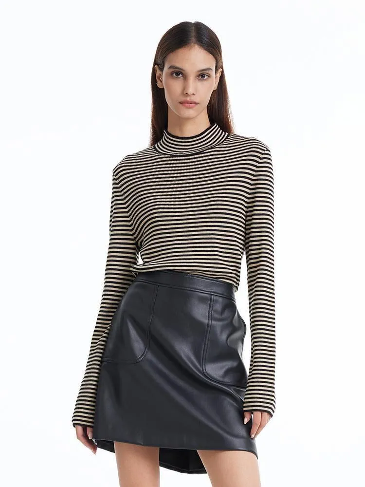 Woolen Stripe Mock Neck Women Sweater sold by Goelia
