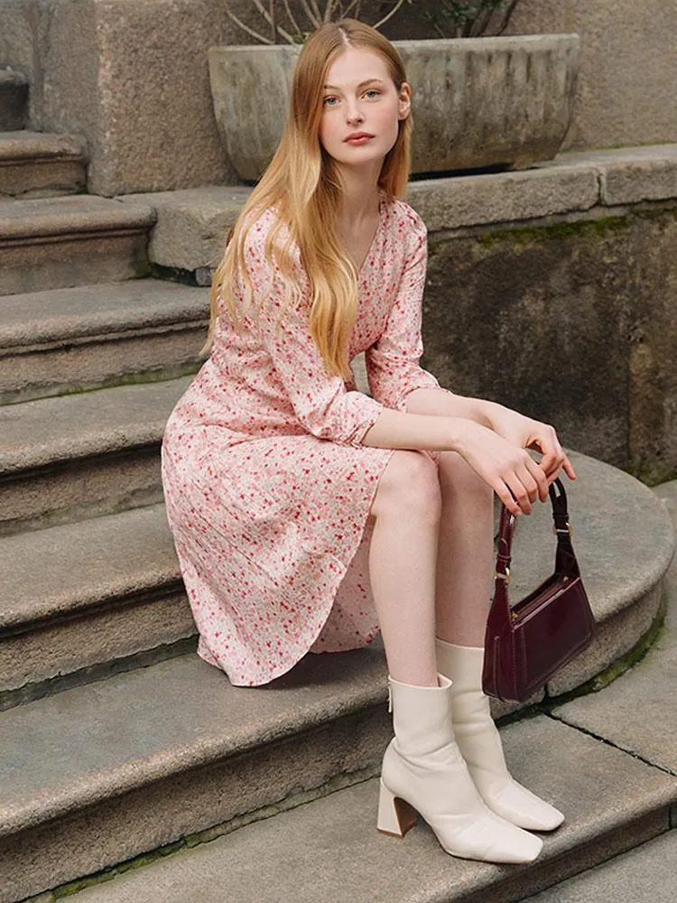 Pink Floral Hidden Button Wrap Mini Dress sold by Goelia product image thumbnail 4