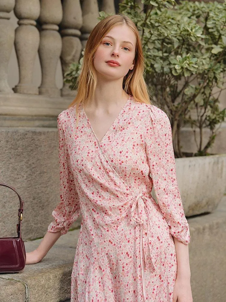 Pink Floral Hidden Button Wrap Mini Dress sold by Goelia product image thumbnail 3